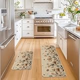 Artoid Mode Brown Poppy Floral Leaves Spring Kitchen Mats Set of 2, Spring Home Decor Low-Profile Kitchen Rugs for Floor - 17x29 and 17x47 Inch