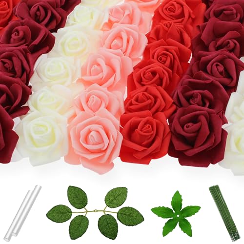 Vignor 100 Pcs 3 Inch Artificial Flowers Bulk 5 in 1 Set Faux Foam Fake Rose Head Wedding Decoration Bridal Shower Centerpiece Arrangement Wall Table Decor DIY Craft (4 Shades of Red Ivory)