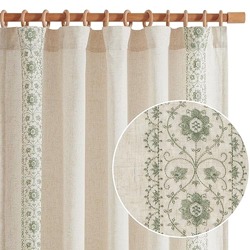 jinchan Boho Curtains for Bedroom Sage Green Vintage Floral Farmhouse Curtains 84 Inches Long Linen Blend Curtains for Living Room Embroidered Drapes Light Filtering Rod Pocket Sage on Beige 2 Panels