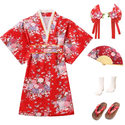 Cutey May Japanese Traditional Dress for Girls Costume Kimono for Kids Set (Red, 8-9Years(140cm))