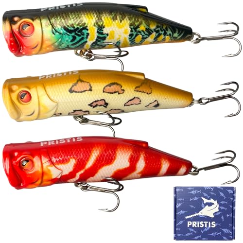 Pristis 3 pcs Topwater Popper Fishing Lures, Top Water Poppers for Bass, Pencil Popper Baits for Saltwater & Freshwater, Floating Swimbaits with VMC Treble Hook, Plug Lures Set for Pike Trout Crappie
