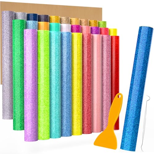 Lzerking Heat Transfer Vinyl 33 Sheets 30 Colors Glitter Htv Vinyl with 2 Weeding Tools, 1 Teflon Sheet for T-Shirt, Halloween, 12" x 12" Iron on Vinyl for Cricut, xTool M1 Cutting Machines