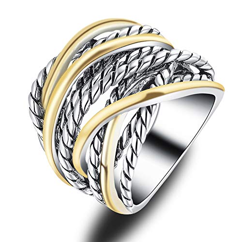 Mytys Gold and Silver Statement Rings for Women Wire Intertwined Design 14K Gold Plated Silver Band Ring Wide Index Finger Rings Costume Jewelry (Gold & Silver, 9)