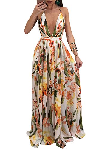Remelon Womens Sexy Spaghetti Strap Deep V Neck Floral Boho Criss Cross Backless Chiffon Beach Party Long Maxi Dress Yellow XL