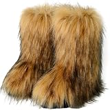 Valpeak Snow Boots for Women 2023 Furry Boots Winter Knee High Flat Heel Fluffy Faux Fur Boots(Natural,9)