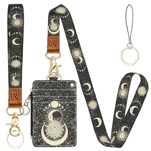 Sun and Moon 2-in-1 ID Badge Holder & Lanyard Wallet for Teachers,Nurse,Professionals-Cute Zippered Coin Pouch,Removable Wristlet & Neck Lanyard,5 Card Slots Stylish Work Essential