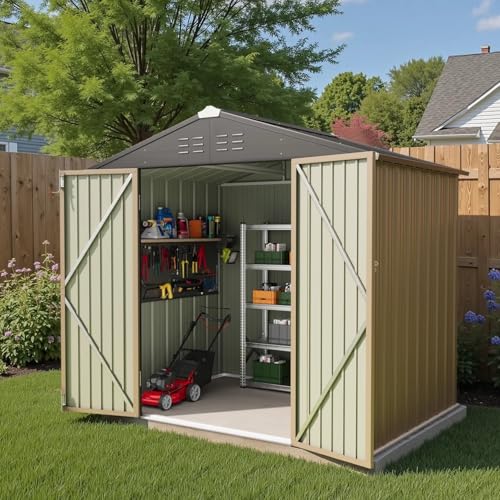 Greesum 8×6 FT Outdoor Storage Shed, Metal Storaged Sheds Without Floor, Tool Sheds with Lockable Doors and Sloping Roof for Garden, Patio, Backyard, Brown