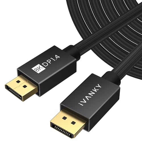 IVANKY DisplayPort Cable 1.4, 8K DP Cable 25ft [8K@60Hz, 4K@144Hz, 1080P@240Hz], Support HBR3, 32.4Gbps, HDCP 2.2, HDR, Compatible for Gaming Monitor, TV, PC, Laptop and More, Black-25ft