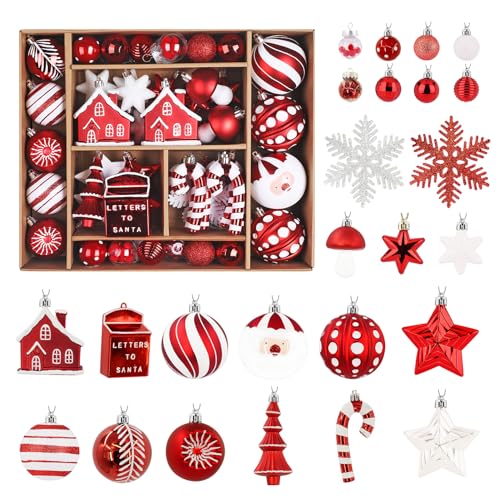 SHareconn 68ct Christmas Tree Balls Ornaments, Colorful Shatterproof Plastic Christmas Tree Ornaments, Xmas Decorative Baubles for Christmas Tree Decorations with Hanging Strings, Red & White