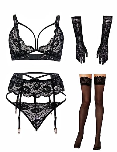 Women Lingerie with Stockings and Gloves,Garter Belt Lingerie Set Black 2XL