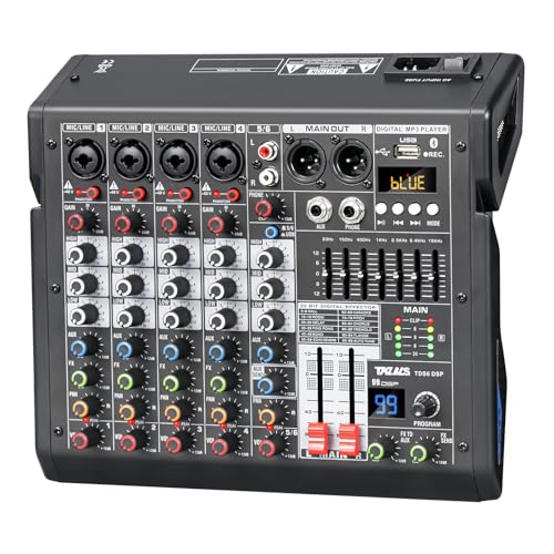 TKLBLS Audio Mixer, 6-Channel Professional DJ Mixer with 99-Bit DSP Effects, 7-Band EQ, 48V Phantom Power, MP3/Computer Input - Studio Audio Mixing Console for Recording & Live Performances
