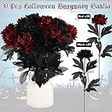 Tigeen Halloween Burgundy Dahlia Artificial Flowers with Stems Faux Silk Dahlia Bouquet Fake Burgundy Flowers Artificial for Wedding Baby Shower Party Home DIY Craft Arrangement, Black, Red (60)