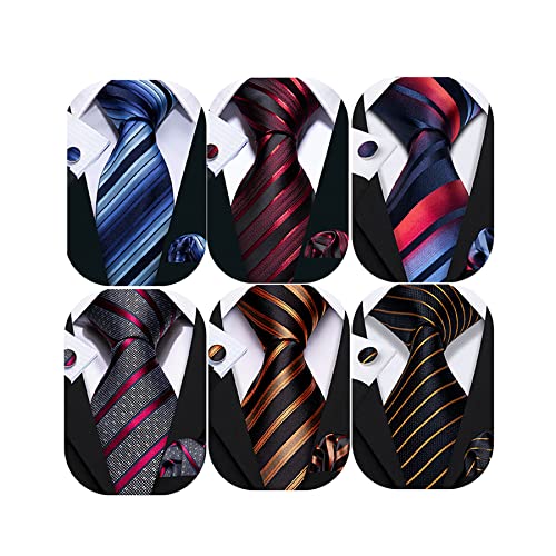 Barry.Wang 6 PCS Men Ties Set Silk Business Fashion Woven Necktie Handkerchief Cufflinks Paisley Stripe Wedding Party