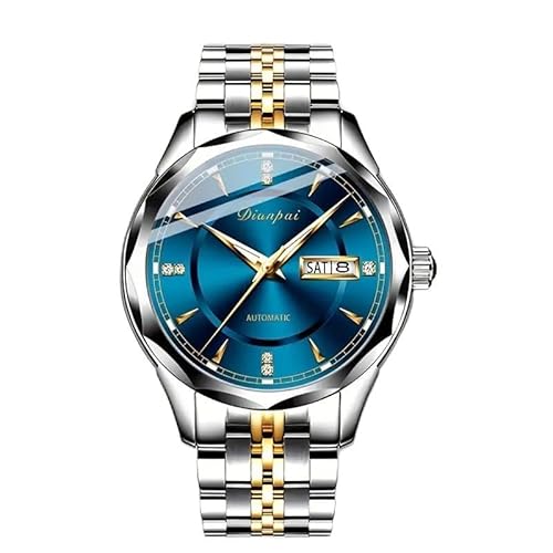 Dianpai Men's Fully Automatic Mechanical Watch Stainless Steel Men's Weekly Calendar Night Light Waterproof Fashion Business Watch (Blue)