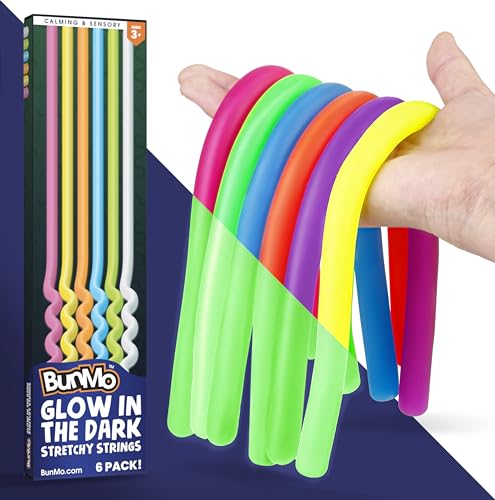 BUNMO Stretchy Strings - Sensory Toys for Toddlers - Stimulating & Addictive Sensory Toys for Kids - Fidget Toy - Hours of Fun for Kids - Non-Mouthable Toy 3+ - Glow 6 Pack