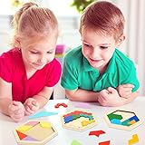 5 Pack Wooden Tangram Puzzle for Kids Wooden Hexagon Puzzle Block Teaser Geometric Shapes Tangram Games for Jigsaw 3D Logic IQ Game Gift(Geometry)