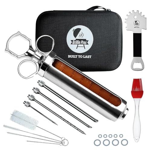 Professional Meat Injector Marinade Syringe Kit for Smoking & Grilling Turkey, Brisket & BBQ - Large 2 Oz Visible Stainless Steel Capacity - Never Leaks or Clogs + Safe Grill Cleaner & Flavor Brush