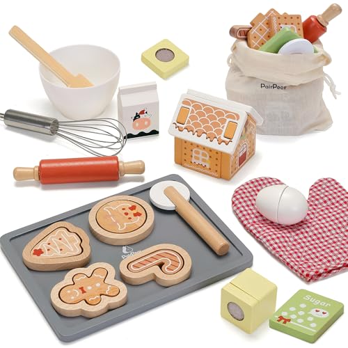 PairPear Gingerbread House Baking Playset – 29 Piece Wooden Christmas Cookie Baking Kit, 3D Toy Cookie Play Food & Pretend Kitchen Accessories, Educational Play Baking Toys Gift for Kids 3+