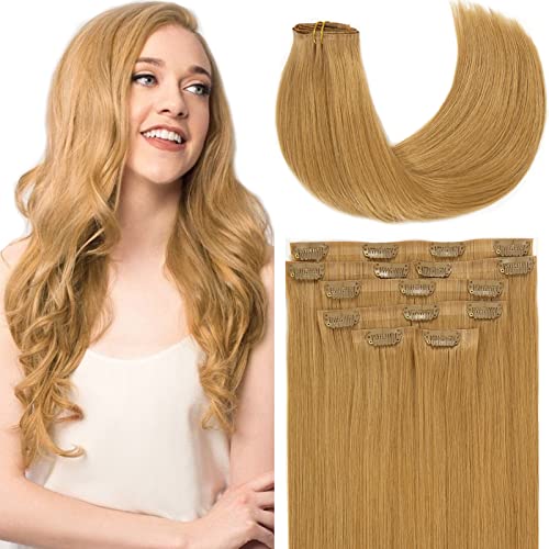 Seamless Hair Extensions Clip in Human Hair Ultra-Thin Tape Weft With Clips Blonde Clip in Hair Extensions New Technology Ultra Invisible Strawberry Blonde #27 Natural Silky Straight 110G 7PCS 18Inch