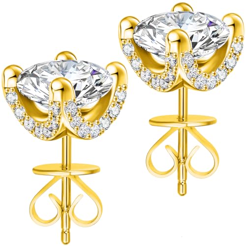 ABSOLUTE Moissanite Earrings for Womens S925 Sterling Silver Stud Earrings Gift for Her 2 Carat D Color Gold-Plated Birthday With Certificate #Golden