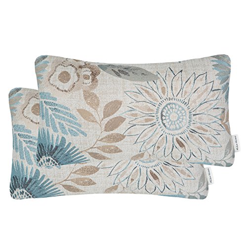 Mika Home Pack of 2 Decorative Oblong Rectangular Throw Pillow Cover Cushion Cases for Chair,Sunflower Pattern,12x20 Inches, Blue Cream