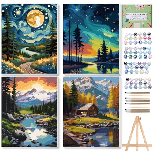 Ninonly 4 Pack Paint by Numbers Kit for Adults, Forest Paint by Number Kit Arts Kits for Beginners with Wooden Easel, Acrylic Painting, Framed Canvas for Gift Home Decor, 9 * 12 Inch