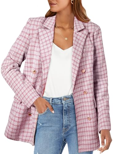 Happy Sailed Womens Plaid Blazers Fashion Work Suits Long Sleeve Double Breasted Open Front Tweed Blazer Jackets Professional Teacher Outfits for Work Pink L