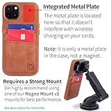 Dockem Genuine Leather Card Case for iPhone 13 with Built-in Metal Plate for Magnetic Mounting, Stitched-on Wallet with 2 Credit Card Holders, 6.1" M2GL [Light Brown]