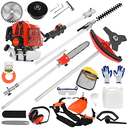 Aokid 52cc 2 Stroke 5 in 1 Gas Engine Multi Garden Tool, Hedge Trimmer, String Brush Cutter, Edger, Pole Saw Chainsaw Pruner with Extension Pole, Trimming Combo Brushcutter Kit for Yard Lawn Care