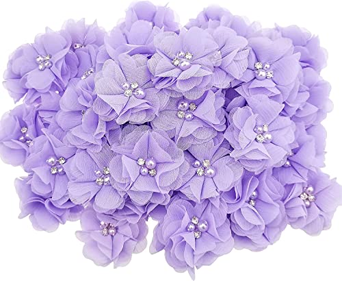 30 PCS Rhinestone Pearl Purple Chiffon Flower Sewing Fabric Appliques for Clothing, Headbands Flower, Crafts, Party Decoration, Sewing Applique