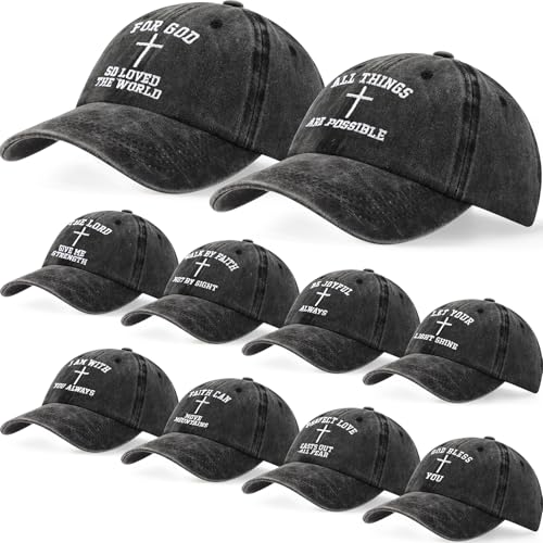 Zoooyawn 10 Pcs Jesus Christian Gifts Religious Father's Day Hats Bulk Cross Baseball Caps for Men Women Dad(Black)