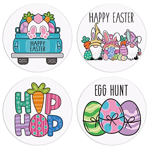 Whaline 4Pcs Easter Ceramic Coaster Set Bunny Gnome Egg Carrot Prints Drink Coasters Cartoon Style Absorbent Coasters for Easter Egg Hunt Home Decor Table Protection Housewarming Gifts