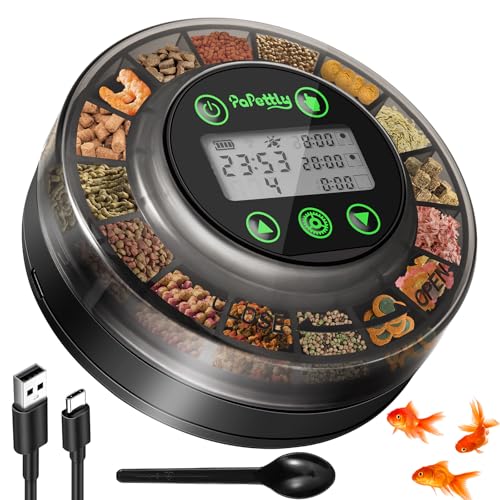 Papettly Automatic Fish Feeder for Aquarium - Auto Fish Food Dispenser for Turtle Tank with USB Cable & LCD Display, Timer for Vacation Weekend Holiday, with Feeder Spoon