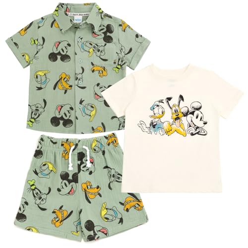 Disney Mickey Mouse Little Boys Cotton Gauze Button Down Shirt, T-Shirt and Shorts 3 Piece Set Green/White 7-8