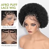 Lady Miranda Short Afro Wig Cornrow with Afro Puff Wig 13x4 Lace Front Braided Cornrow Afro Puff Wig Afro Kinky Curly Wigs Pre Made Cornrow Braided Wigs for Black Women