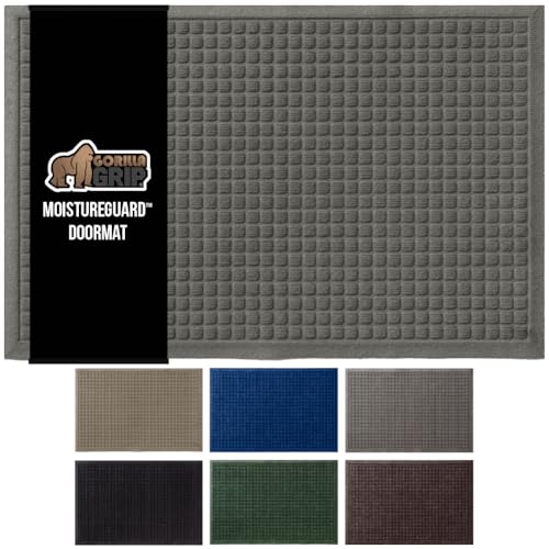 GORILLA GRIP Front Door Mat, Indoor Outdoor Ultra Absorbent Moisture Guard Doormat, Absorbs Up to 1.7 Cups of Water, Stain and Fade Resistant, Rubber Backing Doormats, Captures Dirt, 29x17 Gray