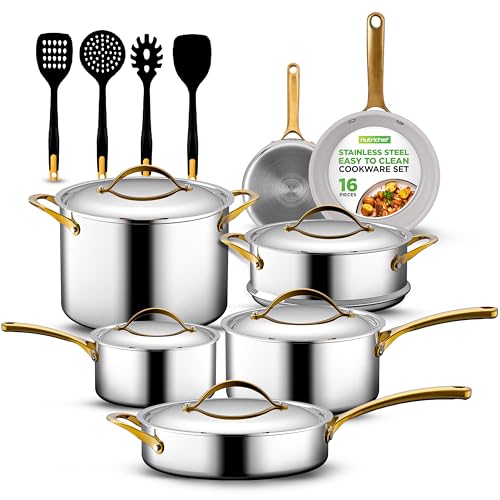 NutriChef 16-Piece Stainless Steel Kitchenware - Pots & Pans Set Clad Kitchen Cookware with Nylon Utensils, Fry Pan Interior Coated with Prestige Ceramic Non-Stick Coating, Stylish Kitchen Cookware