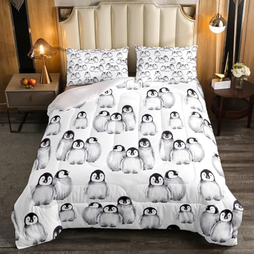 Erosebridal Penguin Comforter Set Twin Size for Kids Boys Girls Antarctic Animal Bedding Set Penguin Illustration Down Comforter Grey White and Black Cartoon Quilted Comforter with 1 Pillow Case