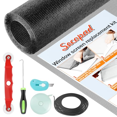 Secopad Window Screen Door Repair Kit, 39" x 78" Screen Door Mesh Replacement Kit, Durable Fiberglass Mesh Roll with Tools for Windows Doors Patio and Porch Replacement, Black