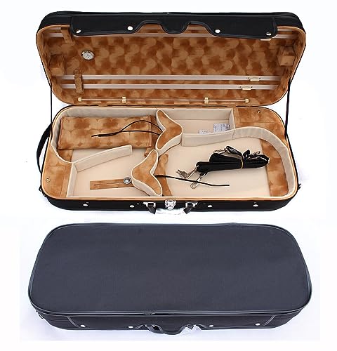 Hard-Shell Double Violin Case - Holds Two Violins or Violin & Viola with Music Sheet Bag & 2 Back Straps - Black