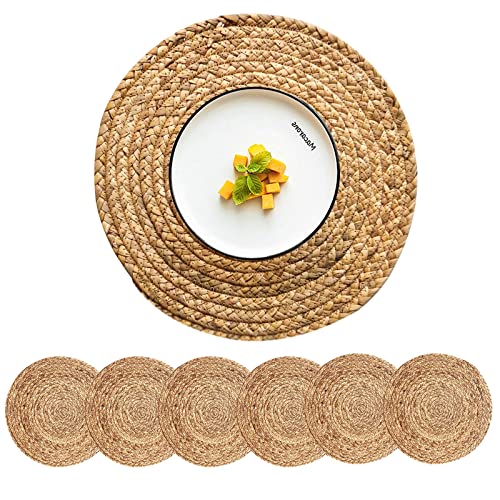CY SISTERS Woven Placemats Round Placemats Set of 6, 13.5 Inch Wicker Placemat Circle Rattan Placemats Farmhouse Boho Braided Natural Water Hyacinth Place Mats for Indoor & Outdoor Table Decor