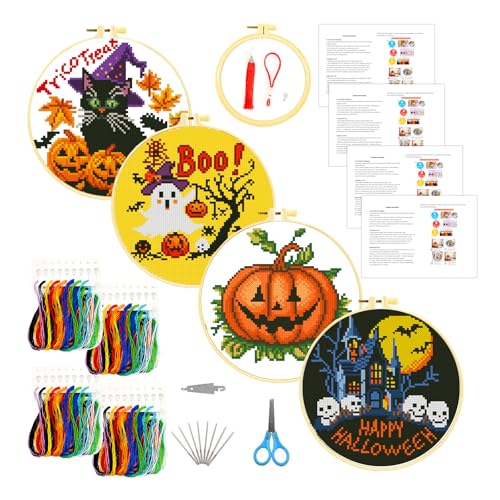 Zhenging Halloween Cross Stitch Kit w/Haunted House, Pumpkin, Black Cat & Ghost | 9.45x9.45 Inch Embroidery Kit with Hoop, Scissors, Tassel | DIY Halloween Decor, Gifts(68305)