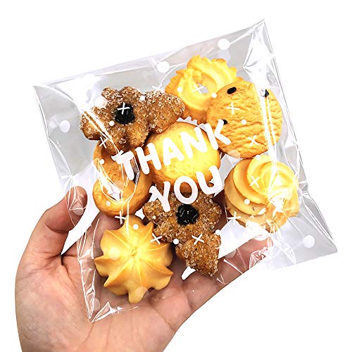 Artboil 200pcs Clear Self-Adhesive Treat Bags – Cellophane Cookie & Candy Bags with “THANK YOU” Design for Bakery & Party Favors (5.5” x 5.5”)