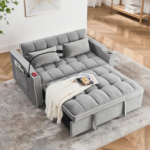 WIIS' IDEA Convertible Sofa Bed,3 in 1 Velvet Sleeper Sofa Pull-Out Bed,55'' Loveseat Sleeper Sofa Bed with Adjustable Backrest with 2 Pillows and Storage Bag & USB Port and Swivel Phone Stand,Gray