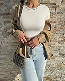 OQQ Women's 3 Piece Crop Tops Crew Neck Shorts Sleeve Stretch Fitted Shirts Crop Tops Black Tea Leaf Beige