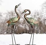 Shorayn Garden Crane Statues, Blue Heron Sculptures for Outdoor, Cranes Decor Metal Bird, Patina Garden Art Lawn Ornaments for Yard Patio Porch Outside Decorations