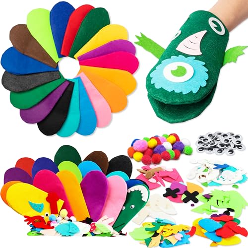 WATINC 18Pcs Hand Puppets Making Kit for Kids Art Craft Felt Sock Monster Puppet Creative DIY Make Your Own Puppets Pipe Cleaners Pompoms Storytelling Role Play Party Supplies Gift for Girls Boys