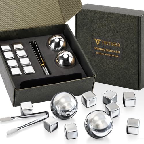 Tiktiger Whiskey Stones Set,Reusable Metal Ice Cubes for Drinking with 8 Stainless Steel Ice Cubes and 2 Ice Balls,Whiskey Gifts for Men Dad Husband,Christmas Birthday Gifts for Whiskey Lover