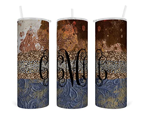 Cowhide Leather and Glitter Personalized 20 oz insulated tumbler, skinny Tumbler with lid and Straw, travel mug, Insulated Coffee Tumbler, Stainless Steel