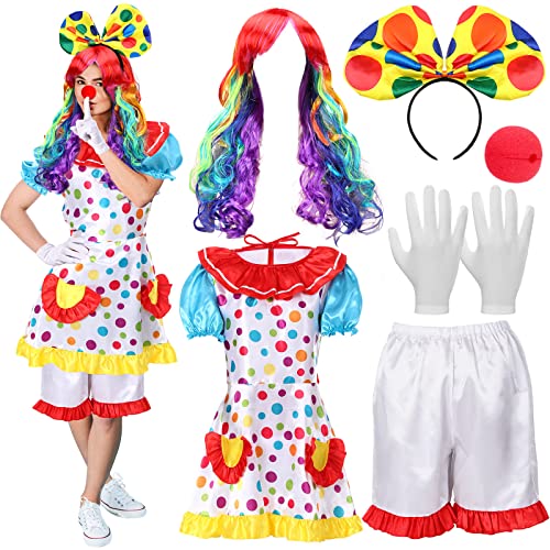 6 Pcs Clown Costume Set Women Circus Dress Rainbow Clown Wig Headband Nose Shorts Gloves for Halloween cosplay(XX-Large)